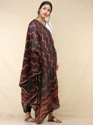 Black Red Chanderi Hand Block Printed Dupatta - D04170749