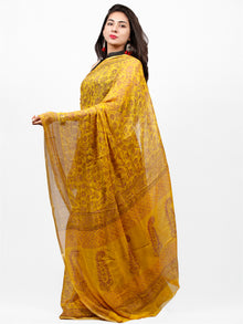 Yellow Rust Hand Block Printed Chiffon Saree with Zari Border - S031703296