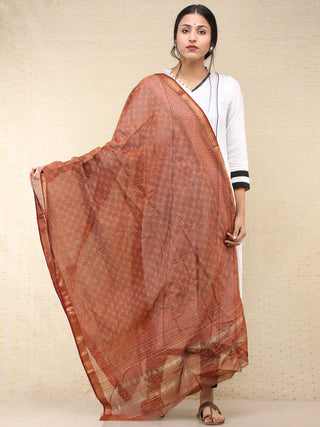 Brown Red Chanderi Hand Block Printed Dupatta - D04170751