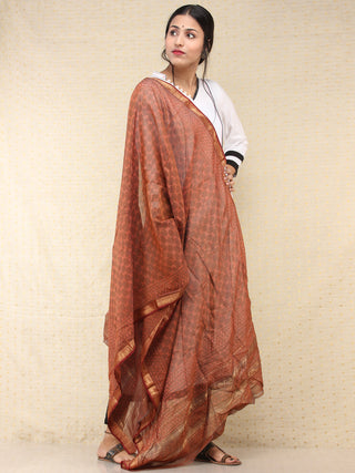 Brown Red Chanderi Hand Block Printed Dupatta - D04170751