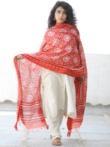 Coral Red White Handloom Cotton Hand Block Printed Dupatta - D04170600
