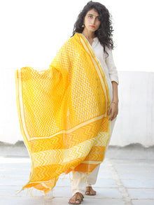 Bright Yellow Ivory Chanderi Hand Block Printed Dupatta - D04170601