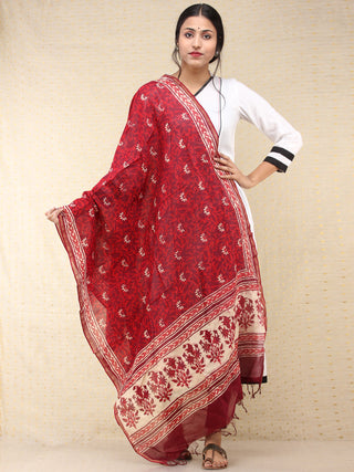 Maroon Red Chanderi Hand Block Printed Dupatta - D04170753