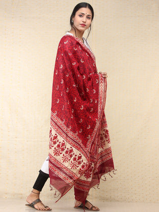 Maroon Red Chanderi Hand Block Printed Dupatta - D04170753
