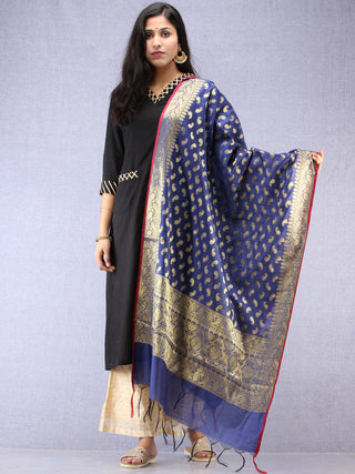 Banarasi Chanderi Dupatta With Resham Work - Navy Blue & Gold - D04170857