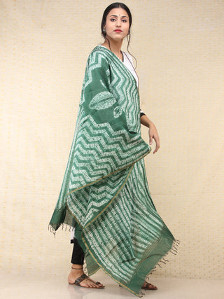 Green White Chanderi Shibori Hand Block Printed Dupatta - D04170752