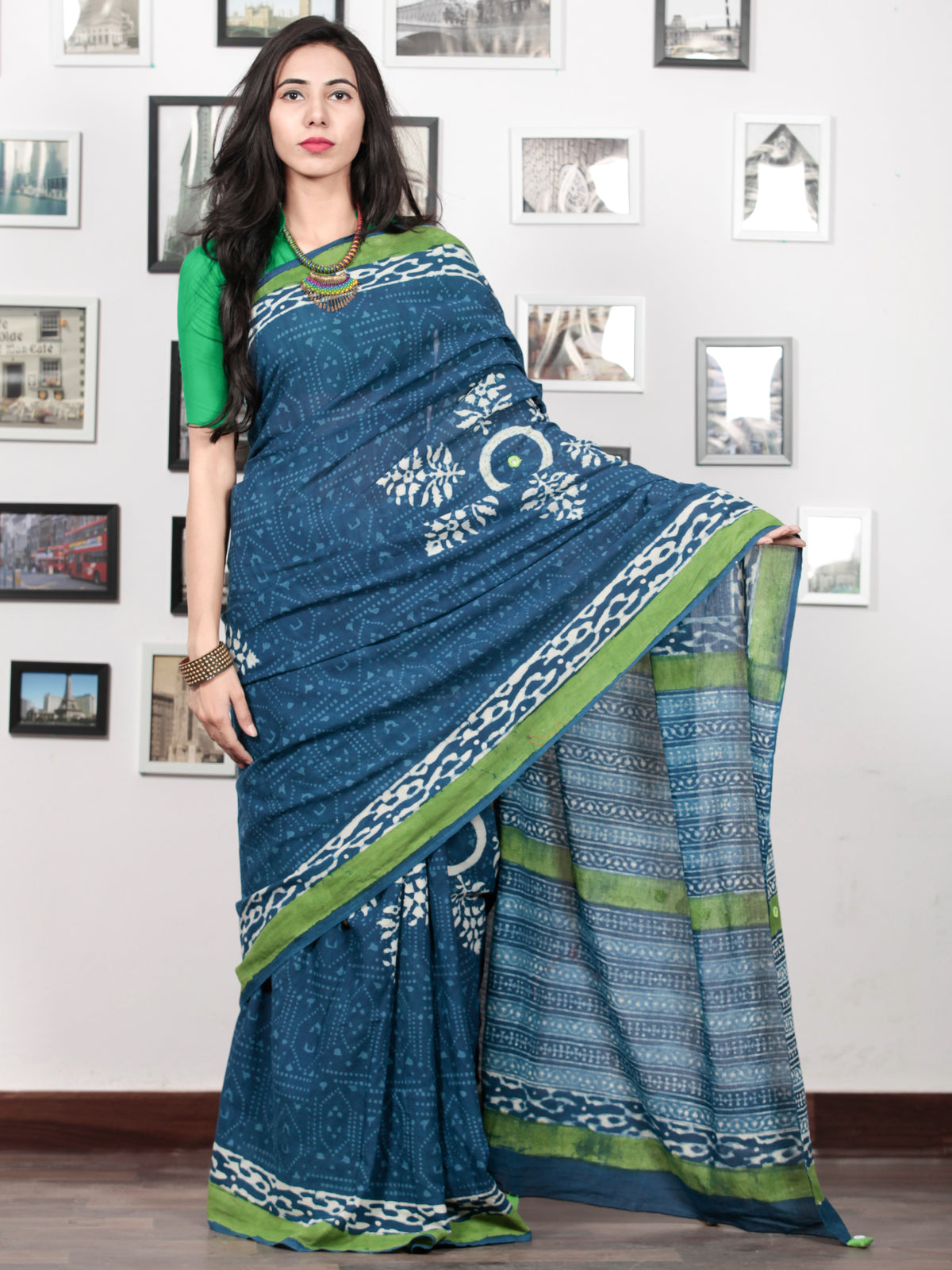 Indigo White Green Hand Block Printed Cotton Mul Saree With Tassels & Mirror Work - S031703020