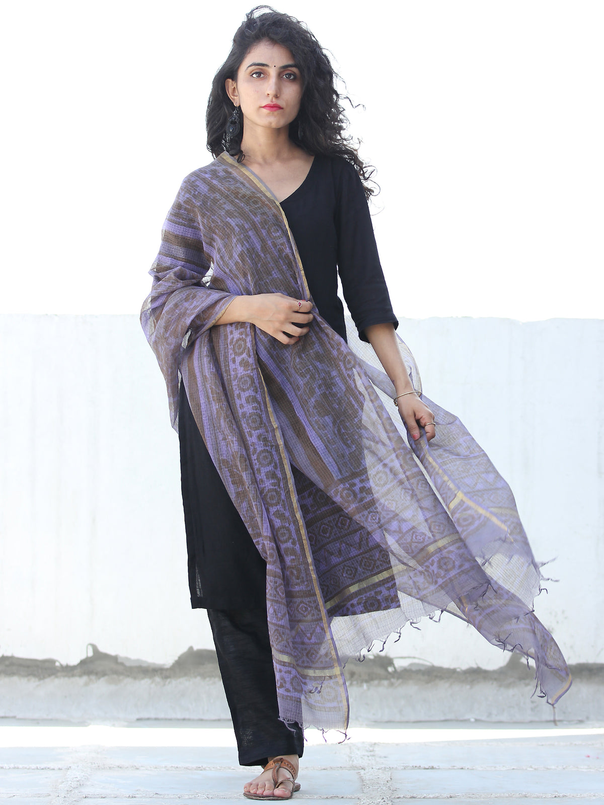 Purple Grey Kota Silk Hand Block Printed Dupatta - D04170451
