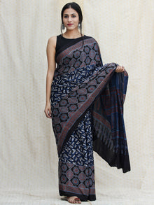 Indigo Ivory Red Ajrakh Hand Block Printed Modal Silk Saree - S031704120
