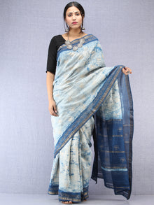Indigo Hand Brush Printed Maheshwari Silk Saree With Zari Border - S031704484