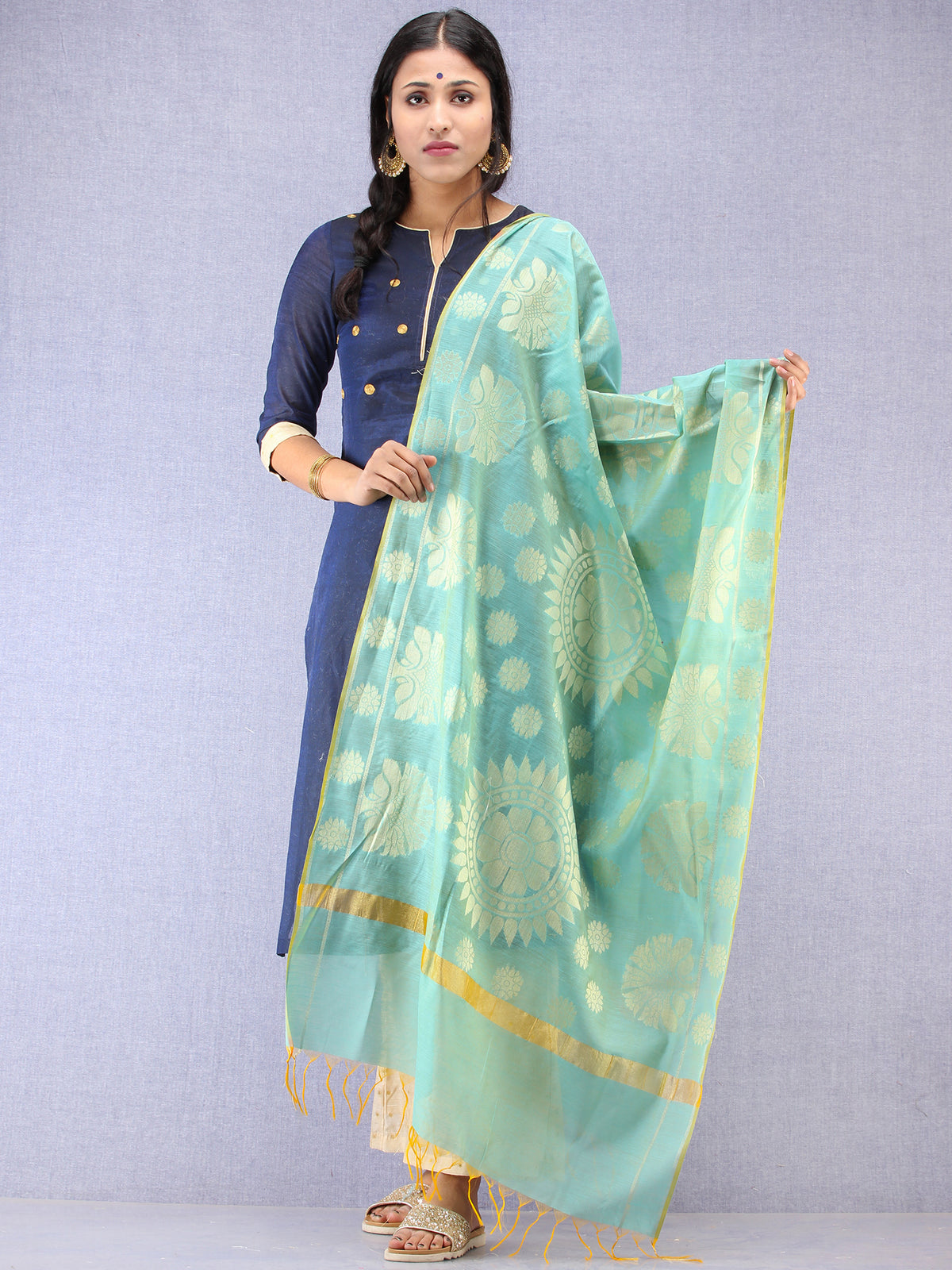 Banarasi Chanderi Dupatta With Resham Work - Sky Blue & Gold - D04170795