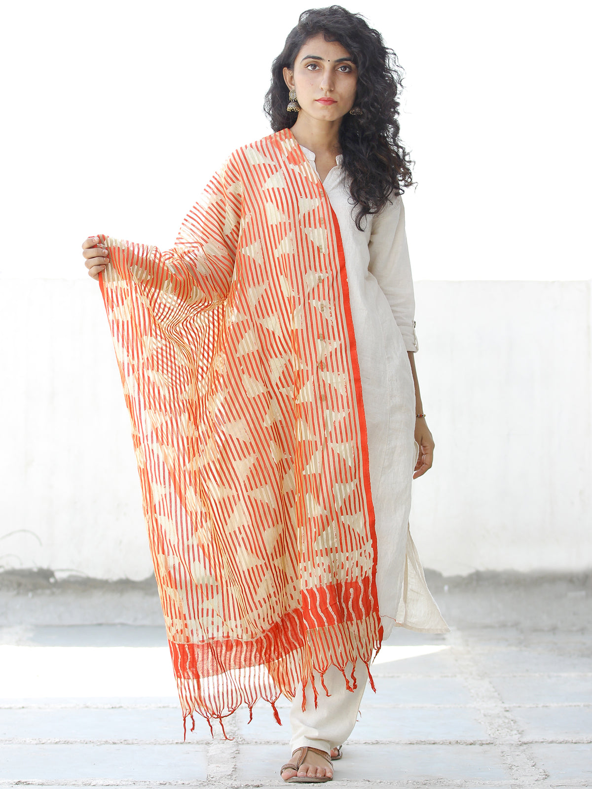 Orange Ivory Cotton Art Silk Hand Block Printed Dupatta  - D04170539