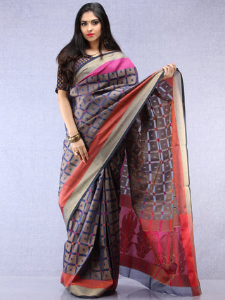 Banarasee Super Net Saree With Zari Border - Blue Copper Purple  - S031704382