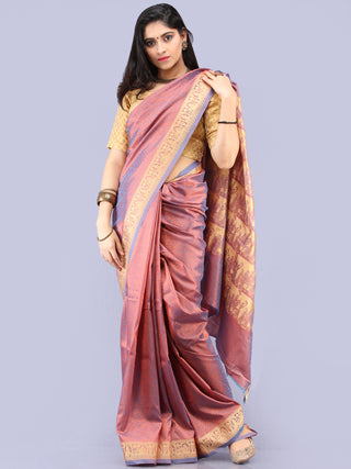 Banarasee Semi Silk Self Weave Saree With Resham Border - Blue Pink Gold - S031704293