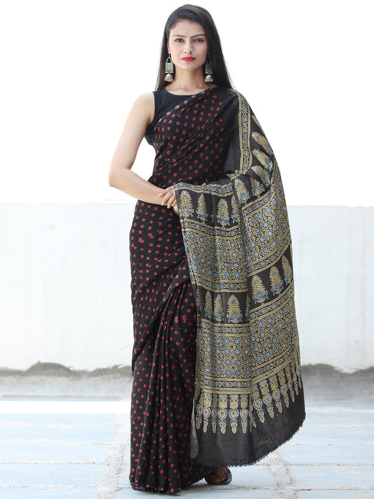Black Red Indigo Mustard Bandhej Modal Silk Saree With Ajrakh Printed Pallu & Blouse - S031703876