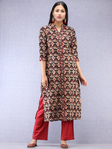 Black Beige Maroon Ajrakh Hand Block Printed Kurta With Round Collar  - K198F1842