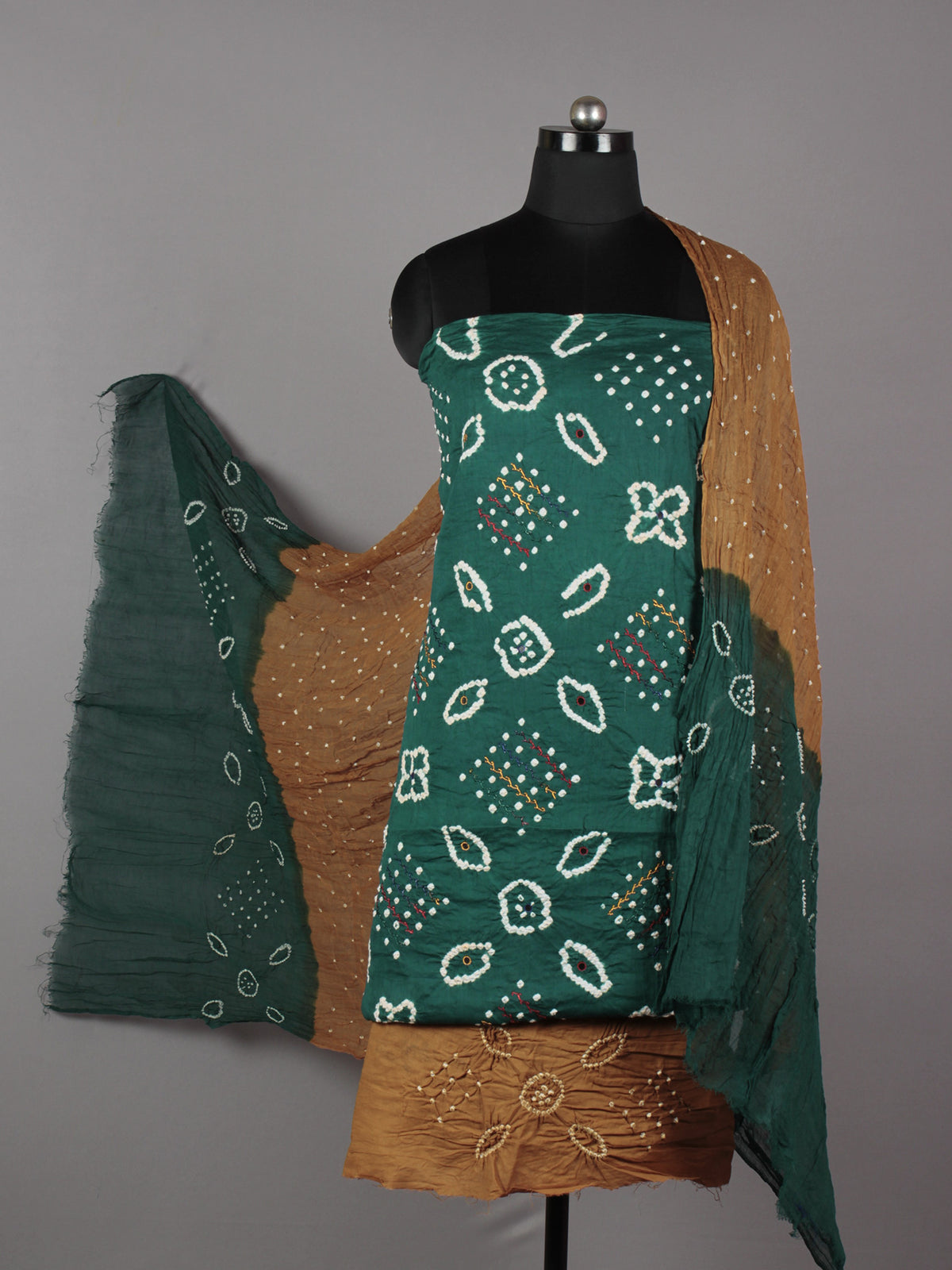 Teal Green Brown White Hand Tie & Dye Bandhej Suit Salwar Dupatta (Set of 3) With Hand Embroidery & Mirror Work - S16281246