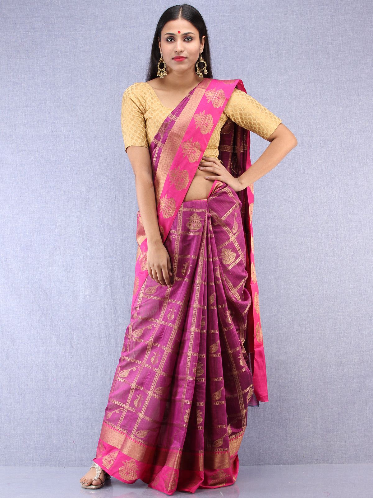 Banarasee Cotton Silk Saree With Zari Work - Onion Pink & Gold - S031704405