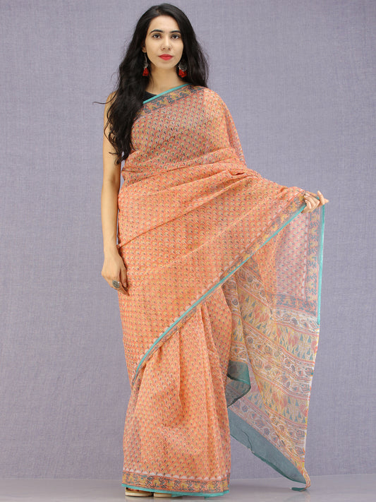 Coral Yellow Teal Hand Block Printed Kota Doria Saree - S031704588