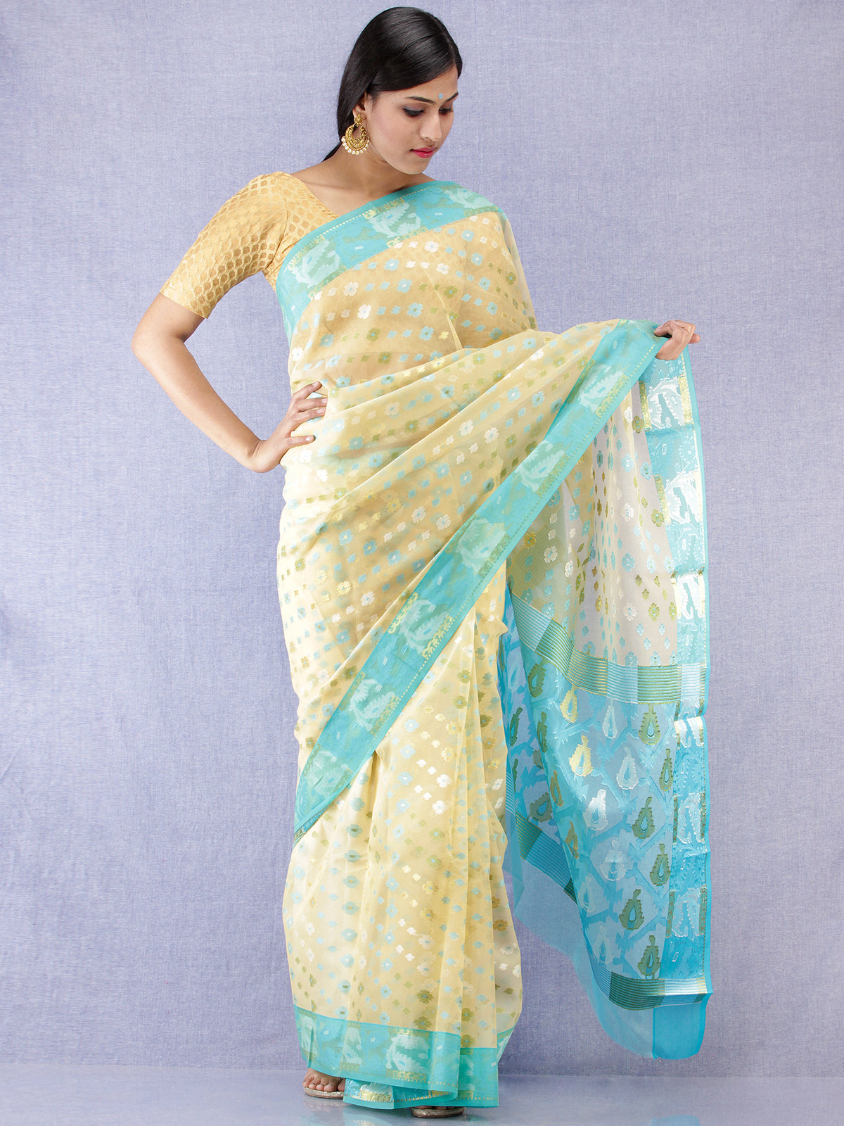 Banarasee Organza Saree With Zari & Resham Work - Ivory Sky Blue & Gold  - S031704312
