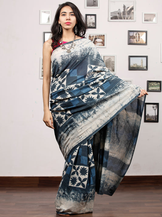 Indigo White Hand Block Printed Cotton Mul Saree - S031703485