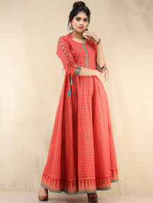 Nazma - Coral Gold Checks Printed Long Urave Cut Dress - D378FXXXX