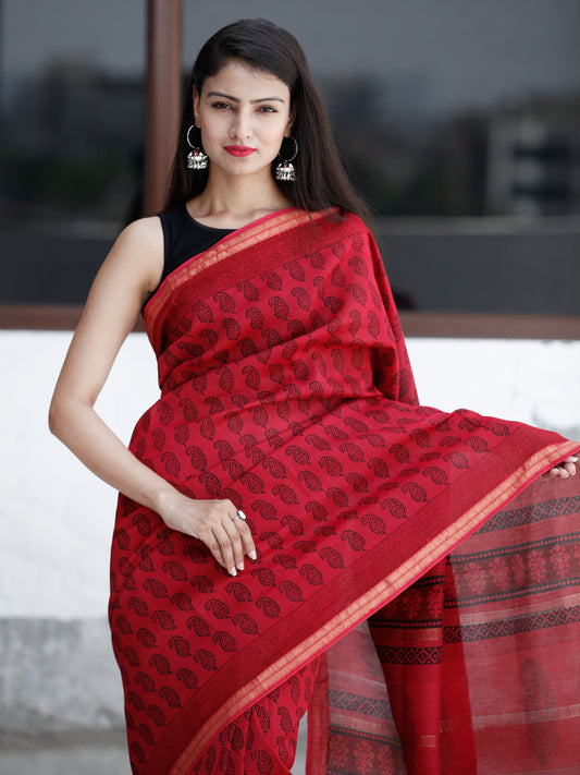 Red- Black Bagh Hand Block Printed Maheswari Silk Saree With Resham Border - S031703831