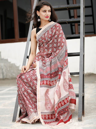 Beige Maroon Black Bagh Hand Block Printed Maheswari Silk Saree - S031703822