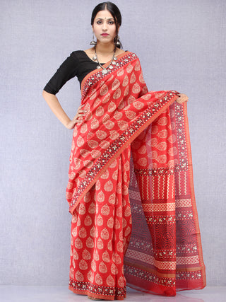 Red Ivory Hand Block Printed Chanderi Saree With Geecha Border - S031704509