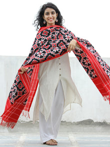 Black Red White Telia Rumal Double Ikat  Handwoven Pochampally Cotton Dupatta -  D04170302