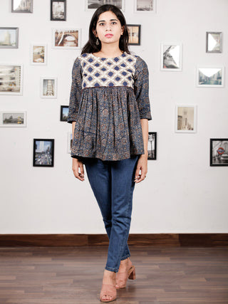 Indigo Grey White Hand Block Printed Top With Gathers  - T22F875