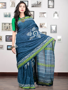 Indigo White Green Hand Block Printed Cotton Mul Saree With Tassels & Mirror Work - S031703020
