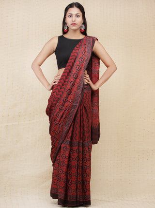 Crimson Red Black Ajrakh Hand Block Printed Modal Silk Saree - S031704155