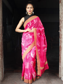 Magenta White Shibori Chanderi Silk Hand Block Printed Saree With Geecha Border - S031704004