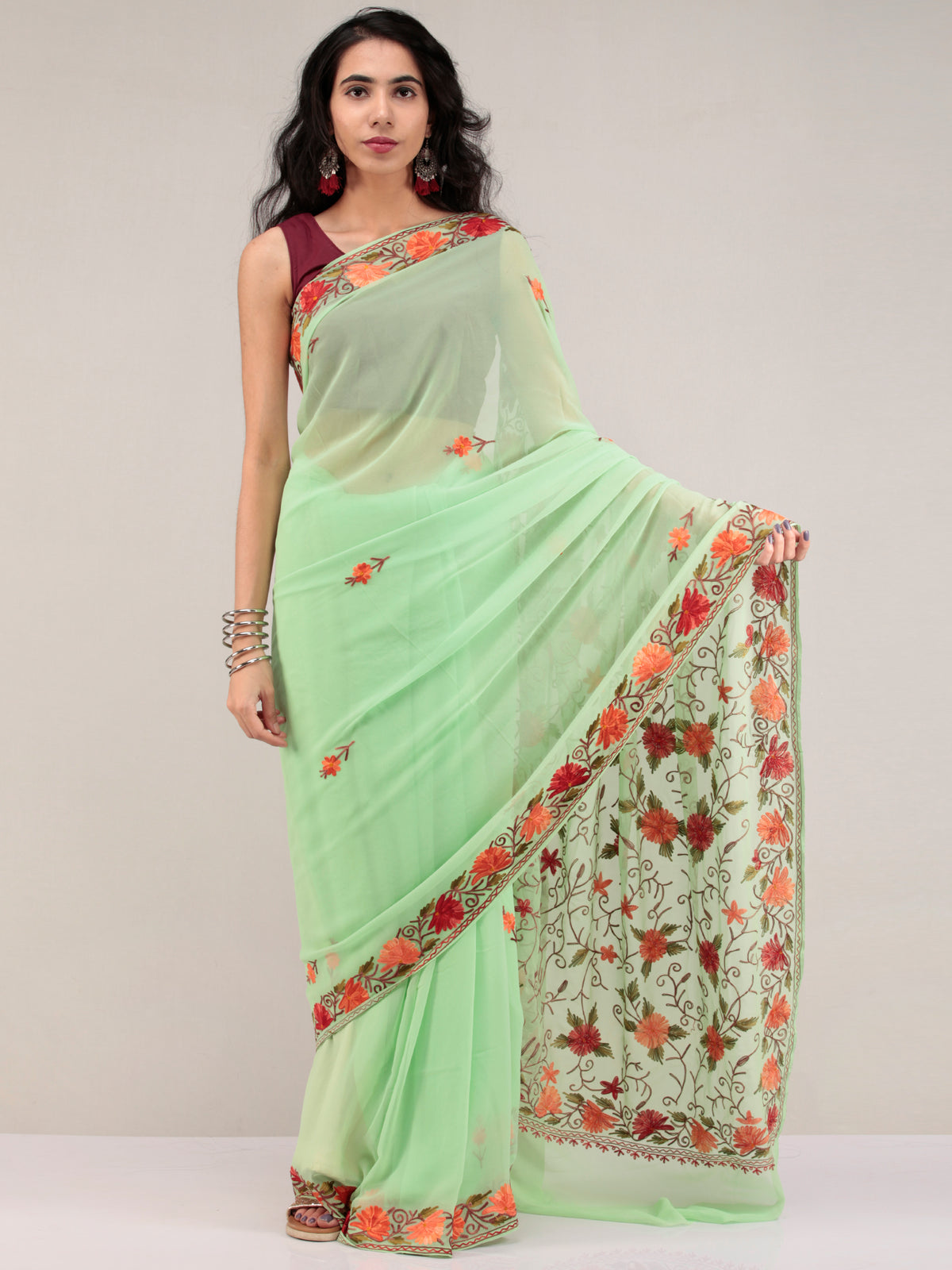 Light Green Aari Embroidered Georgette Saree From Kashmir - S031704628