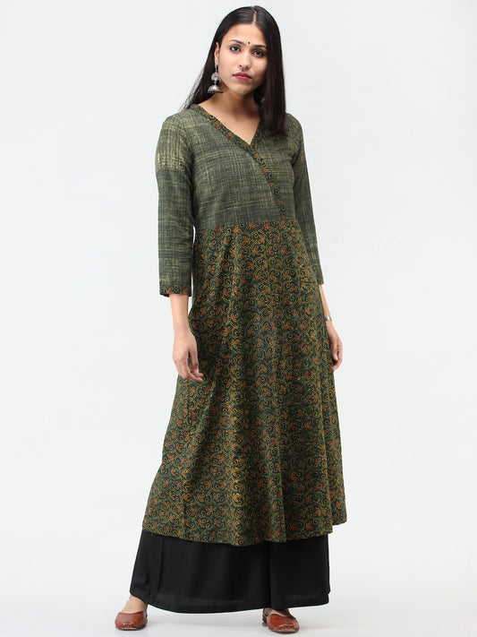 Green Yellow Ajrakh Hand Block Printed Cotton Kurta  - K209F1624