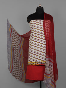 White Yellow Maroon Hand Block Printed Cotton Suit-Salwar Fabric With Chiffon Dupatta (Set of 3) - S16281282