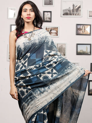 Indigo White Hand Block Printed Cotton Mul Saree - S031703485