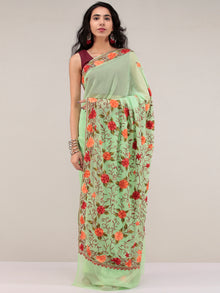 Light Green Aari Embroidered Georgette Saree From Kashmir - S031704628