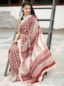 Beige Maroon Black Bagh Hand Block Printed Maheswari Silk Saree - S031703822