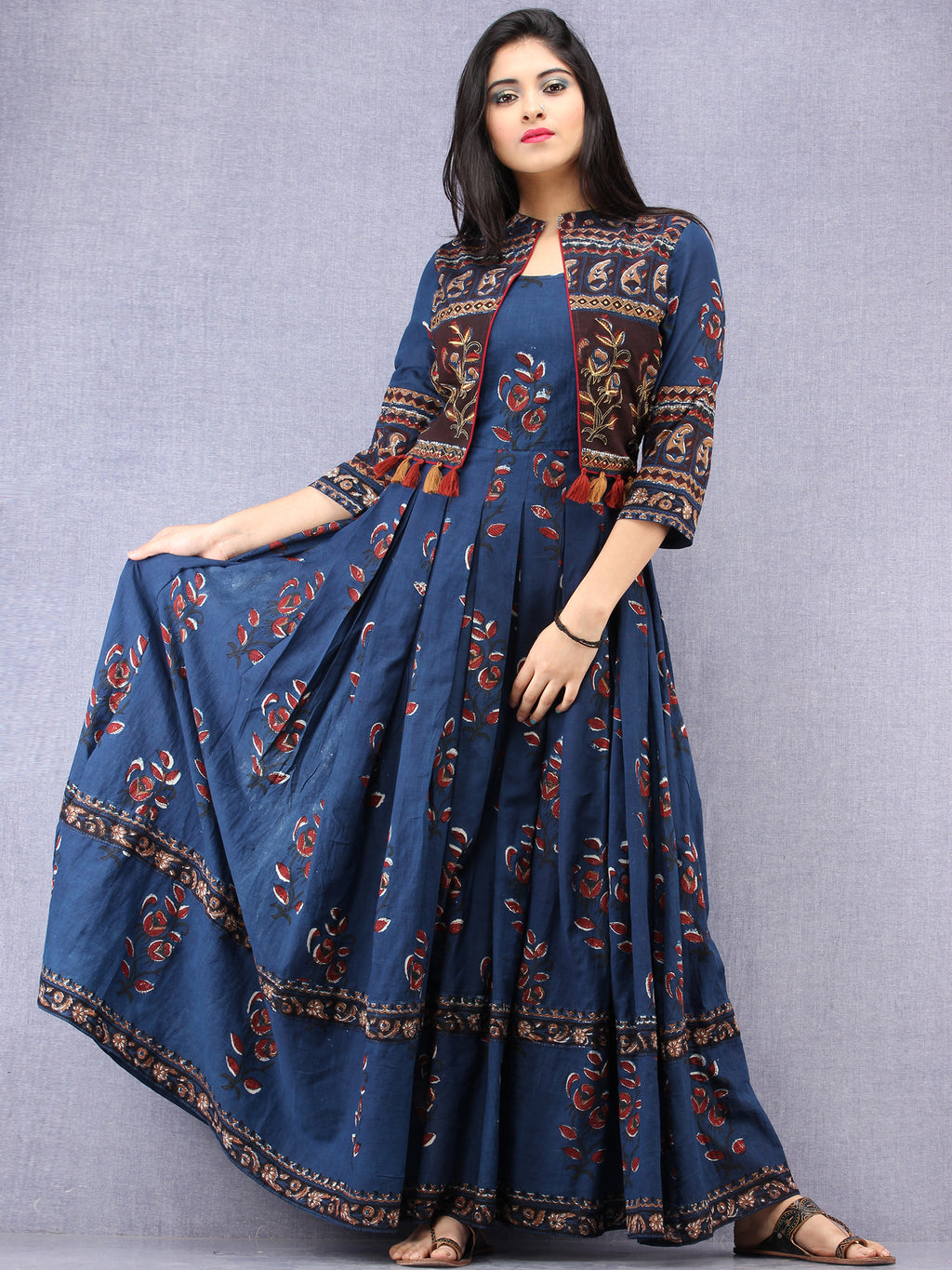 Buy Vinya Brown H&loom Narayan Pet Cotton Box Pleated Midi Dress online