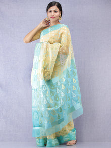 Banarasee Organza Saree With Zari & Resham Work - Ivory Sky Blue & Gold  - S031704312