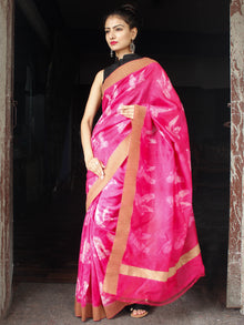 Magenta White Shibori Chanderi Silk Hand Block Printed Saree With Geecha Border - S031704004