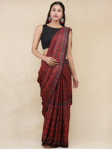 Crimson Red Black Ajrakh Hand Block Printed Modal Silk Saree - S031704155