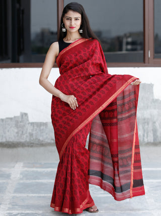 Red- Black Bagh Hand Block Printed Maheswari Silk Saree With Resham Border - S031703831