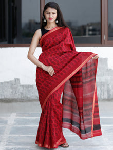 Red- Black Bagh Hand Block Printed Maheswari Silk Saree With Resham Border - S031703831