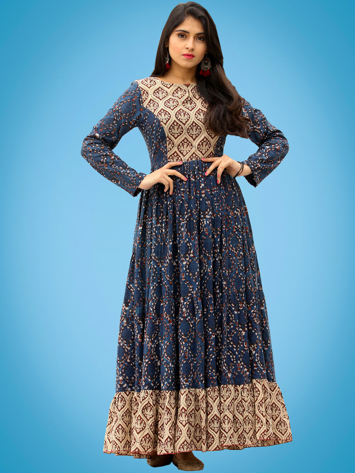 Taraab - Long Hand Block Printed Cotton Tier Dress - D139F1728