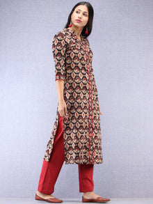 Black Beige Maroon Ajrakh Hand Block Printed Kurta With Round Collar  - K198F1842