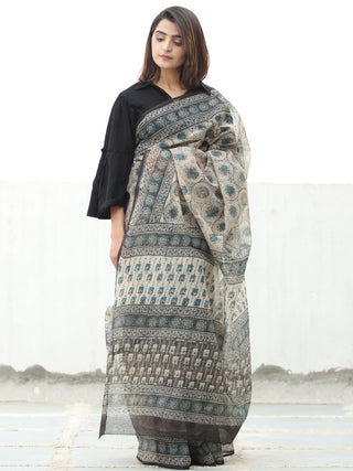 Beige Black Teal Green Hand Block Printed Kota Doria Saree  - S031704073
