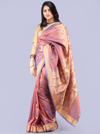 Banarasee Semi Silk Self Weave Saree With Resham Border - Blue Pink Gold - S031704293